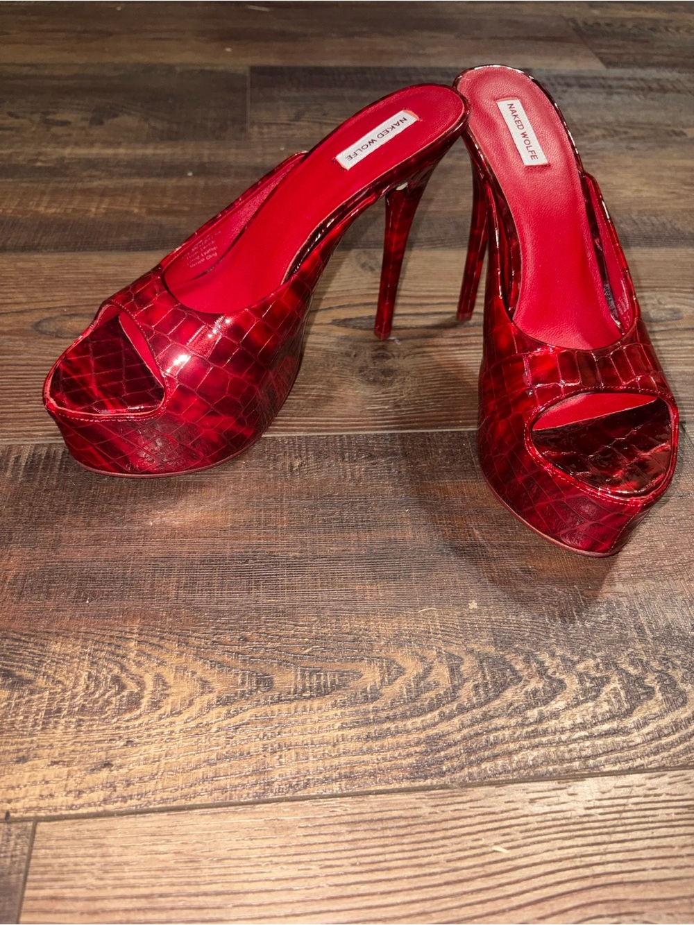 Naked Wolfe Women’s Red Croc Print Patent Leather Platform Mule Stiletto 8